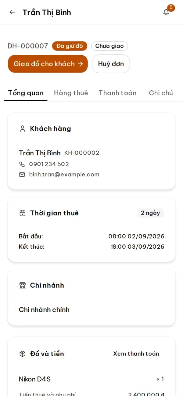 Chi tiết một đơn thuê trên điện thoại