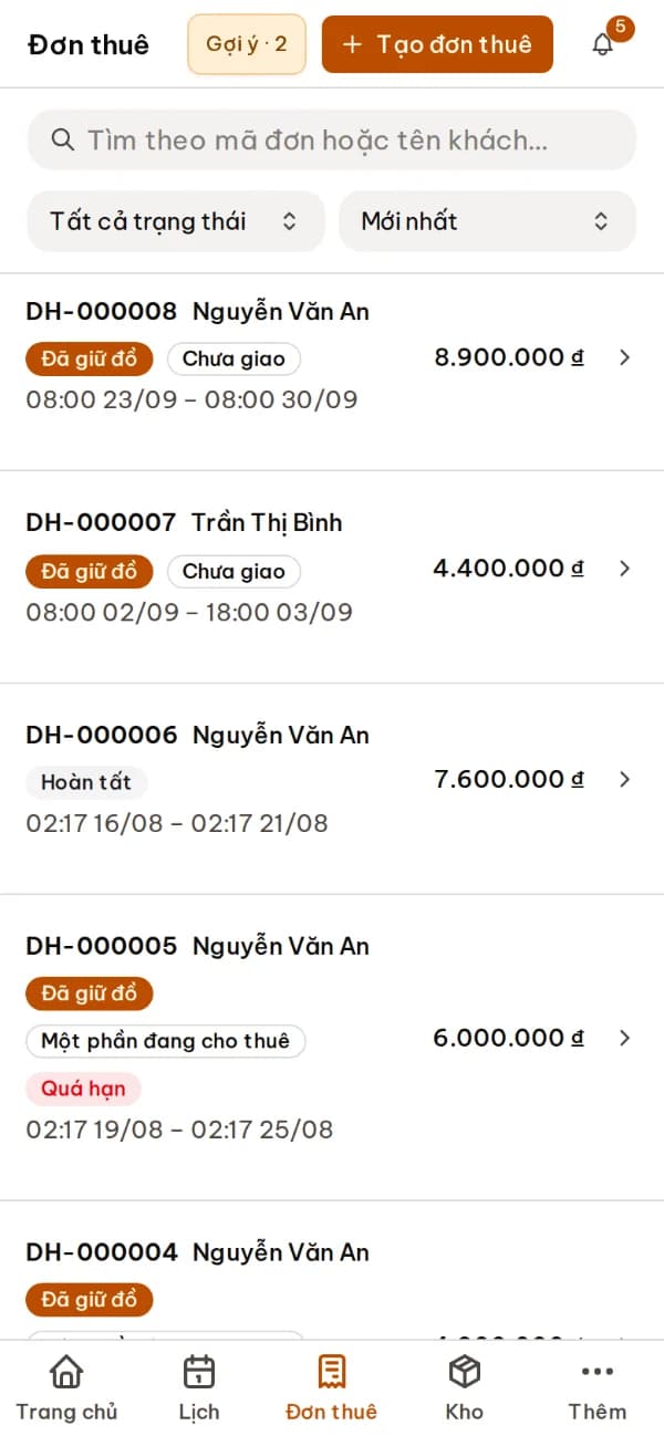 Danh sách đơn thuê của ứng dụng trên điện thoại